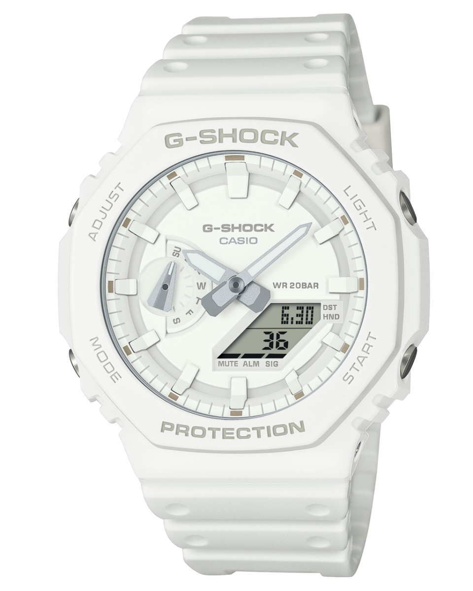 Casio | Monochrome Series G-Shock med vit Carbon Core Guard och bioharts | GA-2100-7A7ER - Analog-digital-mix - Vit - Herrklocka - Fiber - Härdat...