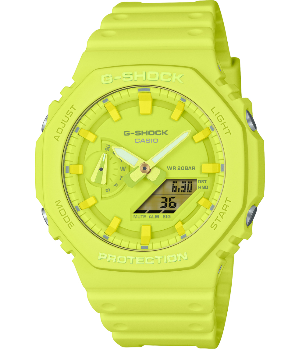Casio | Gul oktagonal G-Shock med kolfiberkärna och robust design | GA-2100-9A9ER - Analog-digital-mix - Grön Gul - Herrklocka - Harts - Härdat 