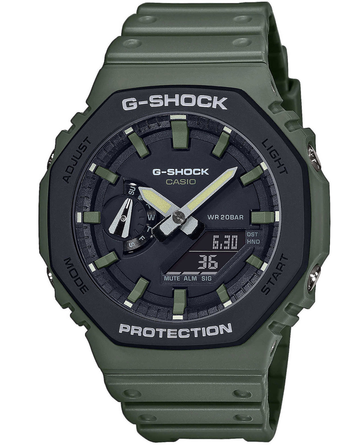 Både digital och analog del kan belysas, och klockan har även självlysande effekt - Casio G-Shock GA-2110SU-3AER - Analog-digital-mix - Olivgrönt...