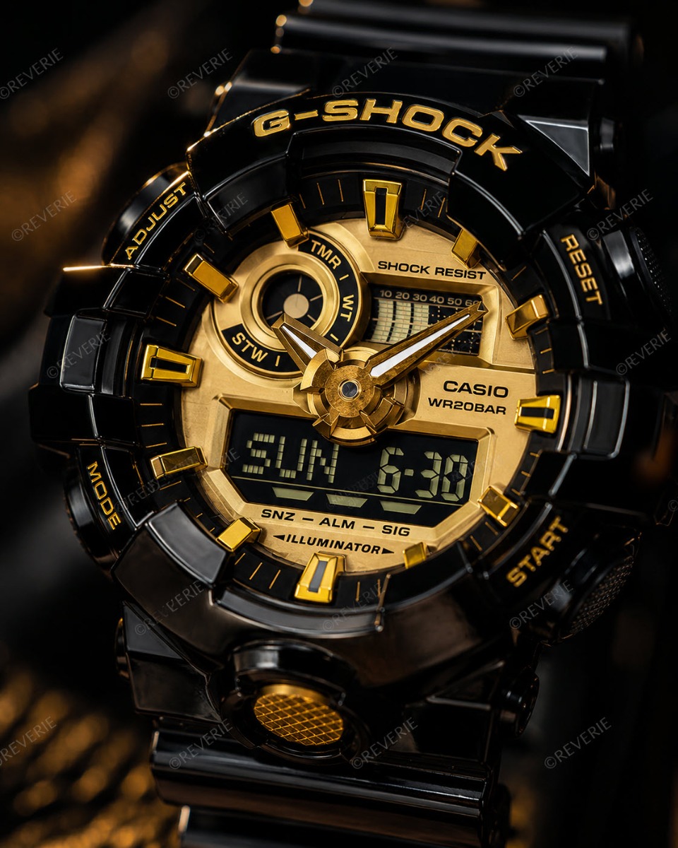 Svart och guld ana-digi Casio G-Shock med exklusiv design 53mm - Analog-digital-mix - Svart - Herrklocka - Harts - Härdat mineralglas