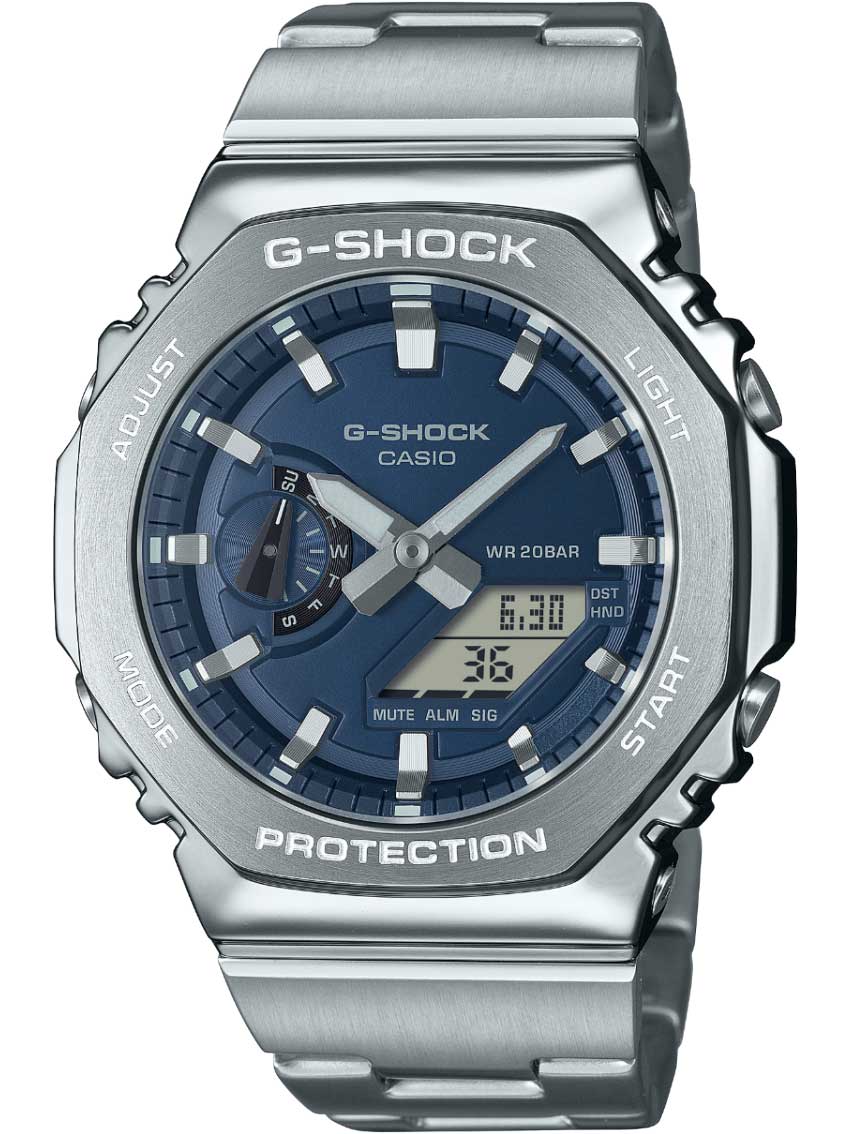 Casio | Navy Blue Metal G-Shock med rostfri stålram och åttakantig design | GM-2110D-2BER - Analog-digital-mix - Silver - Herrklocka - Rostfri stål -.