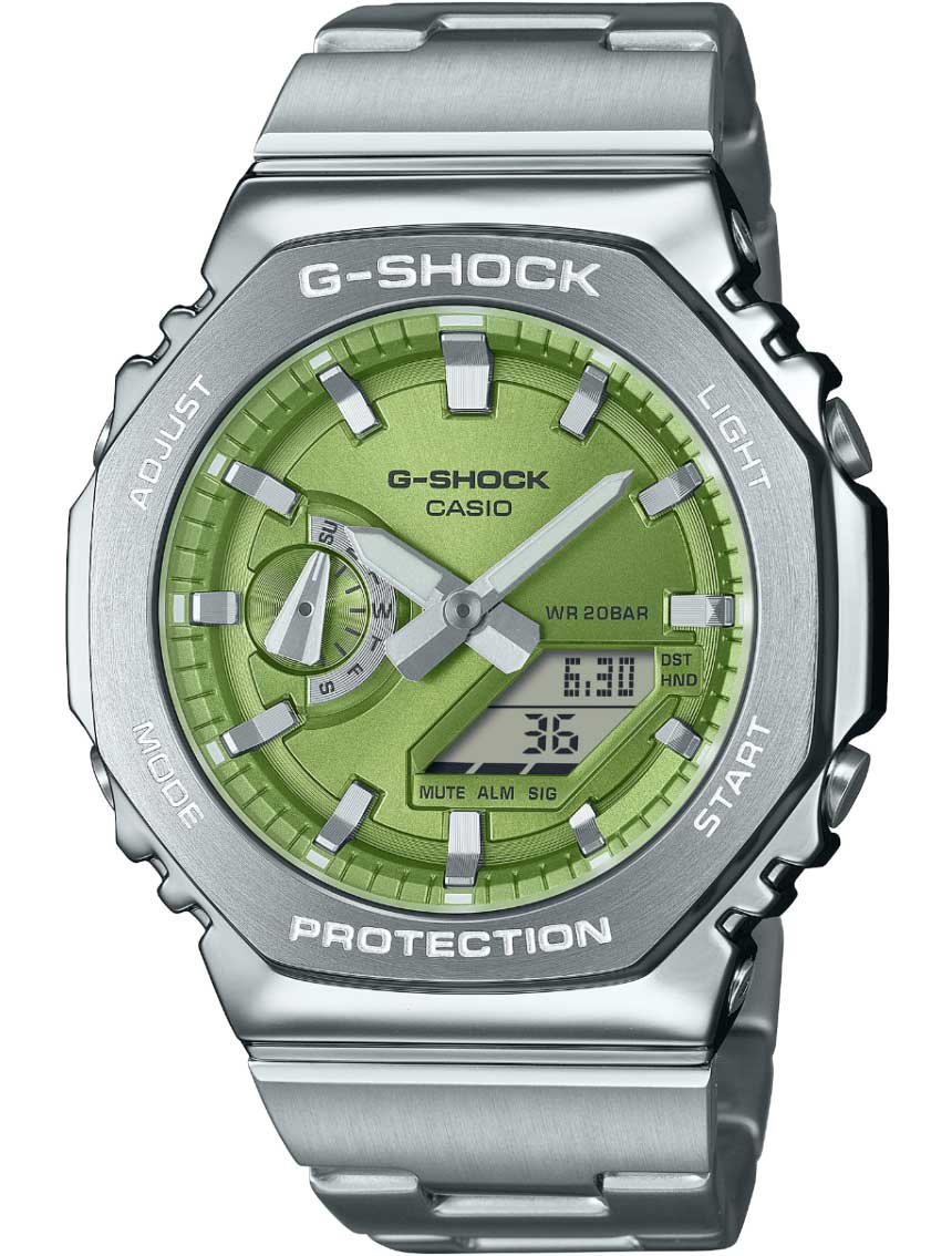 Casio | Grön urtavla G-Shock med stålram och 200M vattentäthet | GM-2110D-3AER - Analog-digital-mix - Silver - Herrklocka - Rostfri stål - Härdat...