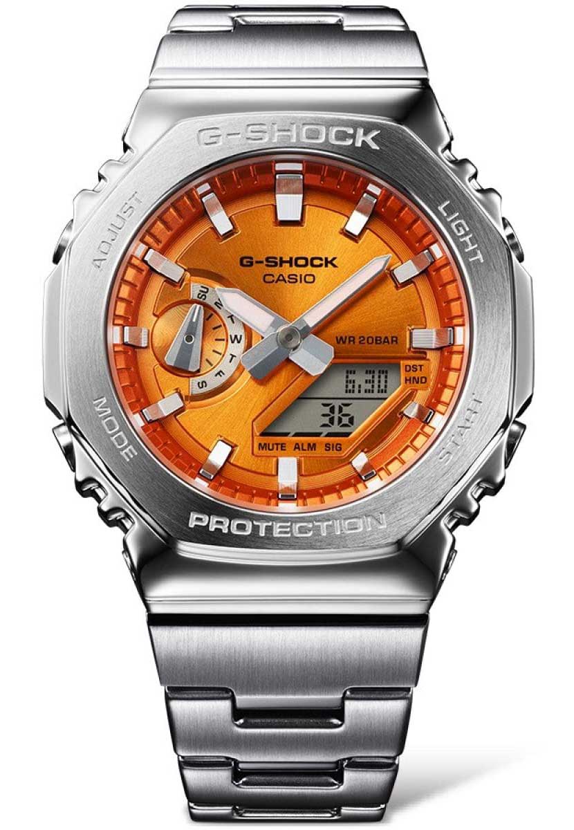 Casio | Orange urtavla G-Shock med stålram och digital-analog tidmätare | GM-2110D-4AER - Analog-digital-mix - Silver - Herrklocka - Rostfri stål - 