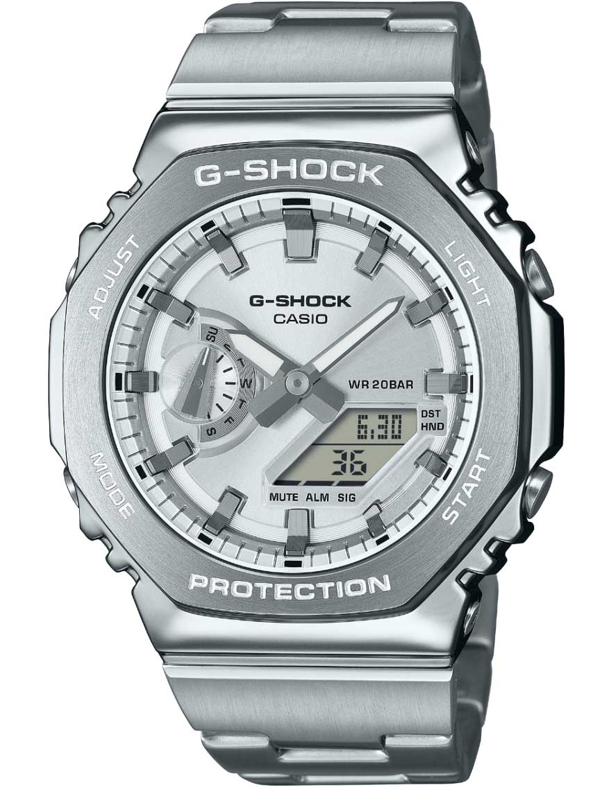 Casio | Silver Metal G-Shock med tunn profil och premium digital-analog design | GM-2110D-7AER - Analog-digital-mix - Silver - Herrklocka - Rostfri 