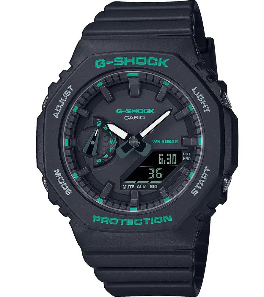 Casio | Svart kompakt G-Shock med grön accent och kolfiberkärna | GMA-S2100GA-1AER - Analog-digital-mix - Svart - Damklocka - Harts - Härdat 