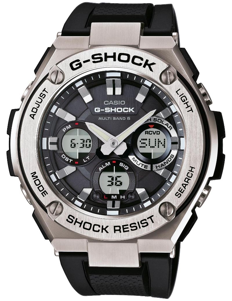 Casio | Stilren G-Steel-klocka med Wave Ceptor och solenergi | GST-W110-1AER - Analog-digital-mix - Silver - Herrklocka - Harts - Härdat mineralglas