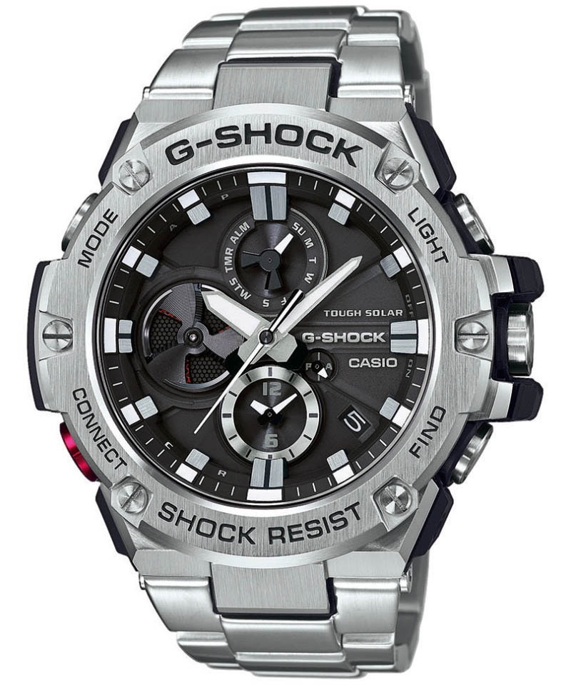 Casio | Stål-G-Shock med Bluetooth och robust konstruktion | GST-B100D-1AER - Quartz - Silver - Herrklocka - Rostfri stål - Härdat mineralglas