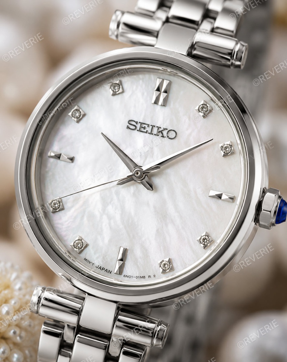 Seiko damklocka med 8 diamanter, safirglas och pärlemorurtavla 29mm - Quartz - Silver - Damklocka - Rostfri stål - Safir