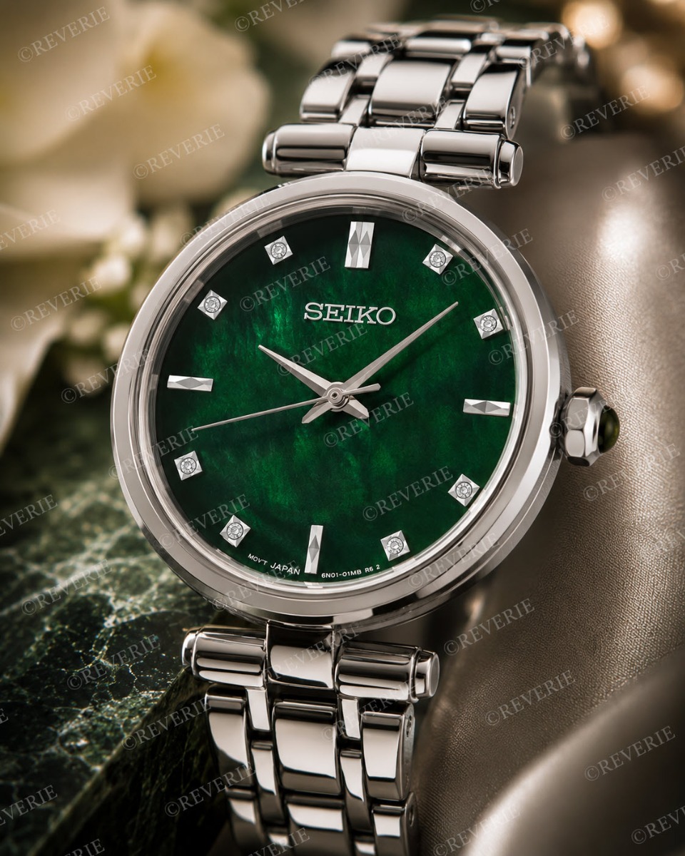 Seiko damklocka med 8 diamanter, safirglas och grön pärlemorurtavla 29mm - Quartz - Silver - Damklocka - Rostfri stål - Safir