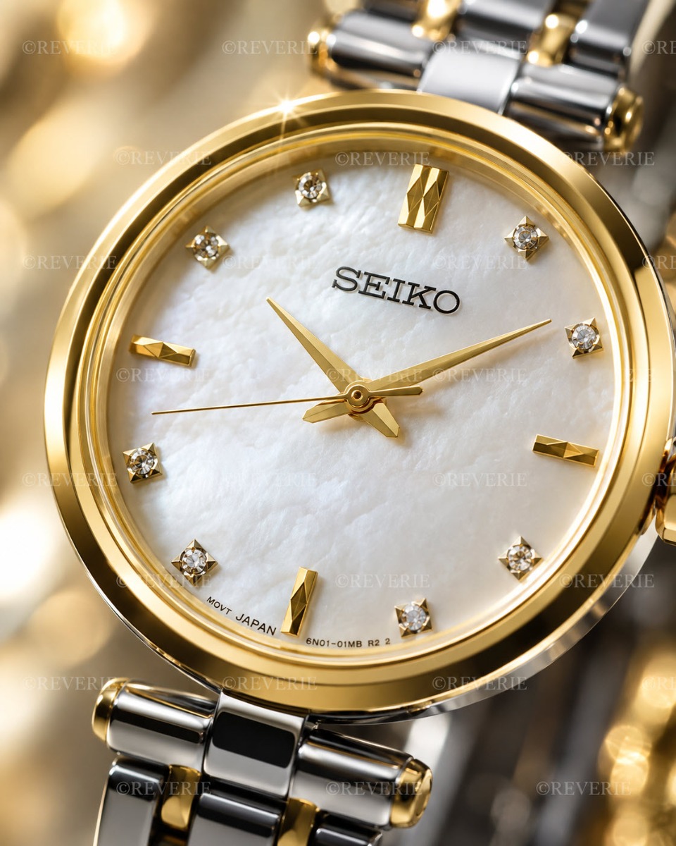 Seiko tvåfärgad damklocka med 8 diamanter, safirglas och pärlemorurtavla 29mm - Quartz - Silver - Damklocka - Rostfri stål - Safir