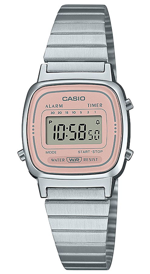 Casio | Retro chic digital klocka med rosa urtavla och avlångt länkarmband | LA670WEA-4A2EF - Digitalt - Silver - Damklocka - Rostfri stål - Akryl