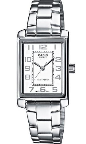Casio | Rektangulär damklocka med stålarmband och vit urtavla | LTP-1234PD-7BEG - Quartz - Silver - Damklocka - Rostfri stål - Härdat mineralglas