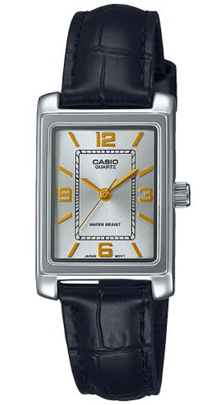 Casio Vintage rektangulär damklocka med svart läderrem | LTP-1234PL-7A2EF - Quartz - Silver - Damklocka - Läder - Härdat mineralglas