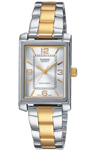 Casio | Tvåfärgad damklocka med rektangulära gulddetaljer | LTP-1234PSG-7AEG - Quartz - Silver - Damklocka - Rostfri stål - Härdat mineralglas