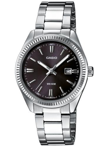 Casio | Stålarmbandsklocka för damer med svart urtavla och datumvisning | LTP-1302PD-1A1VEG - Quartz - Silver - Damklocka - Rostfri stål - Härdat...