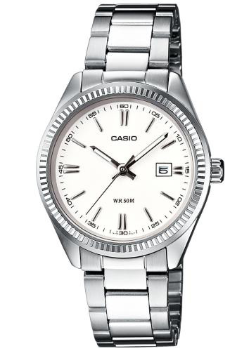 Casio | Vit urtavla damklocka i stål med datumvisning | LTP-1302PD-7A1VEG - Quartz - Silver - Damklocka - Rostfri stål - Härdat mineralglas