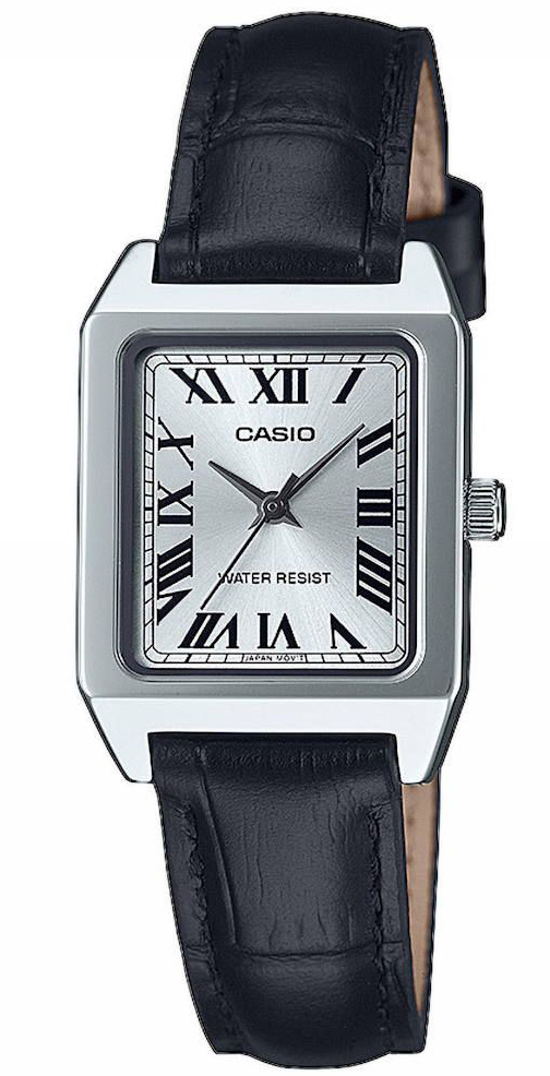Casio | Kvadratisk damklocka med silverfärgad urtavla och romerska siffror | LTP-B150L-7B1EF - Quartz - Silver - Damklocka - Läder - Härdat 