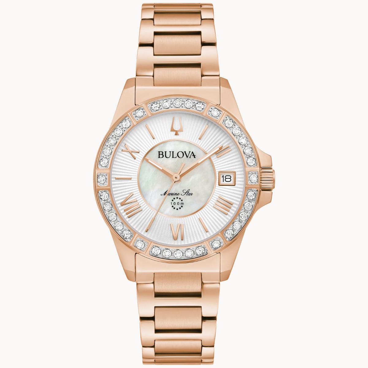 Bulova Marine Star damklocka med pärlemorskiva, diamanter och roséguldfinish | 98R295 - Quartz - Rött guld - Damklocka - Rostfri stål - Safir