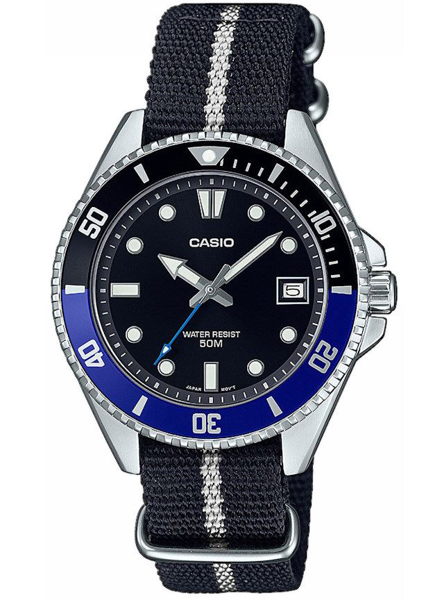 Casio Duro Mini dykarklocka med aluminium bezel och NATO-rem | MDV-10C-1A2VEF - Quartz - Silver - Herrklocka - Textil - Härdat mineralglas