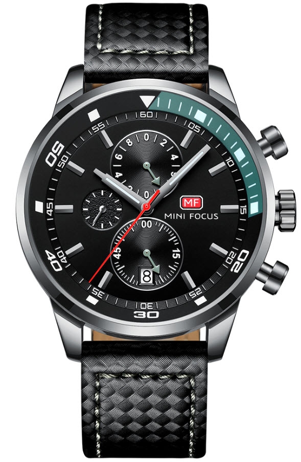 Snyggt stoppur, under tusenlappen - Mini Focus Chronograph MF0017G-04 - Quartz - Svart - Herrklocka - Läder - Härdat mineralglas