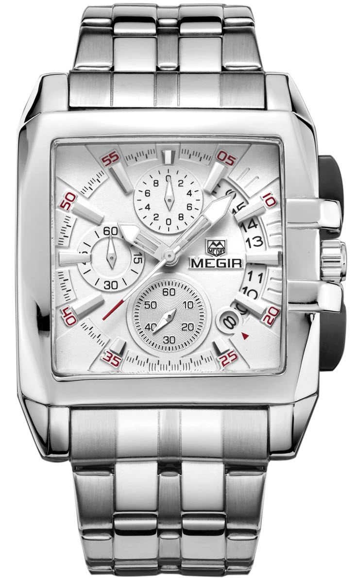 Megir Bold Steel White Chronograph 2018 - Quartz - Silver - Herrklocka - Rostfri stål - Härdat mineralglas