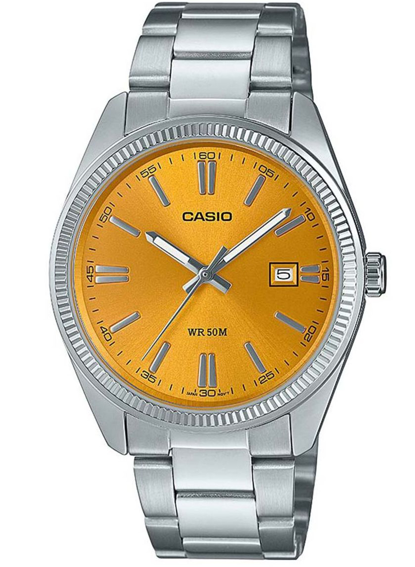 Casio | Saffransgul urtavla med Neobrite-belysning och tidlös design | MTP-1302PD-9AVEF - Quartz - Silver - Herrklocka - Rostfri stål - Akryl