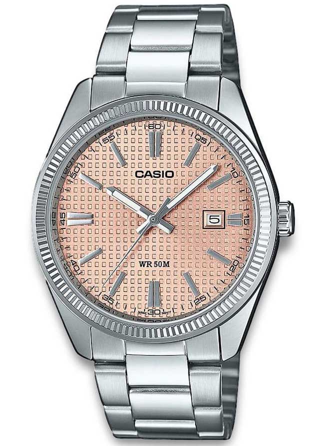 Casio klocka med salmonfärgad urtavla och silverfärgad stålfodral | MTP-1302PE-4AVEF - Quartz - Silver - Unisex - Rostfri stål - Härdat mineralglas