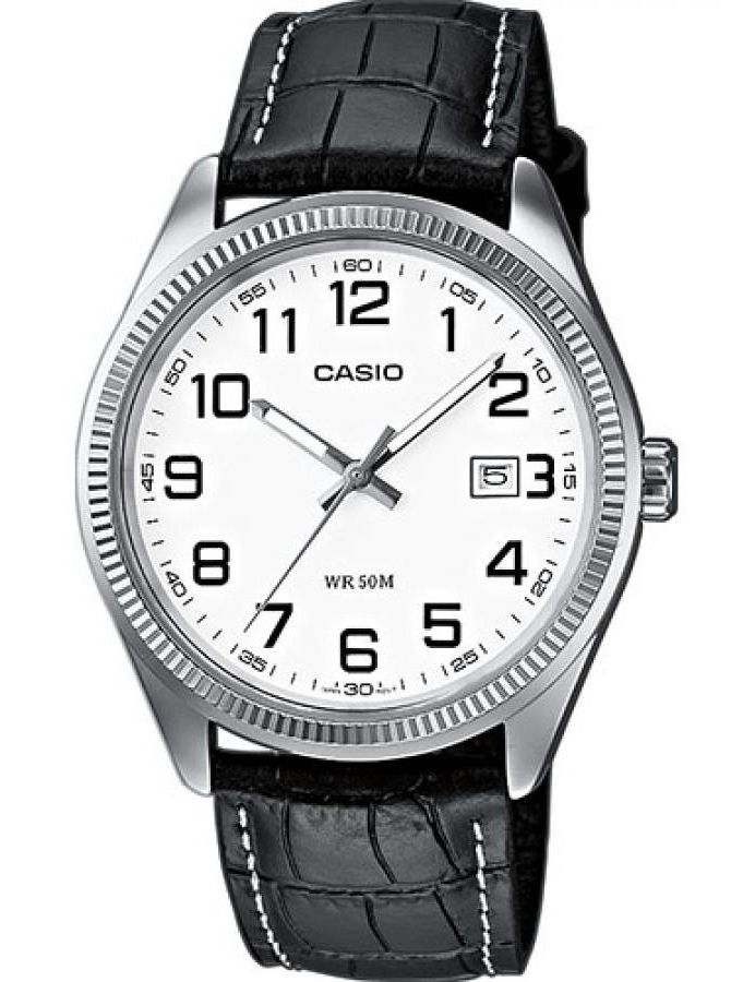Enkel, billig, tydliga siffror och läderarmband - Casio Classic MTP-1302PL-7BVEF - Quartz - Silver - Herrklocka - Läder - Härdat mineralglas