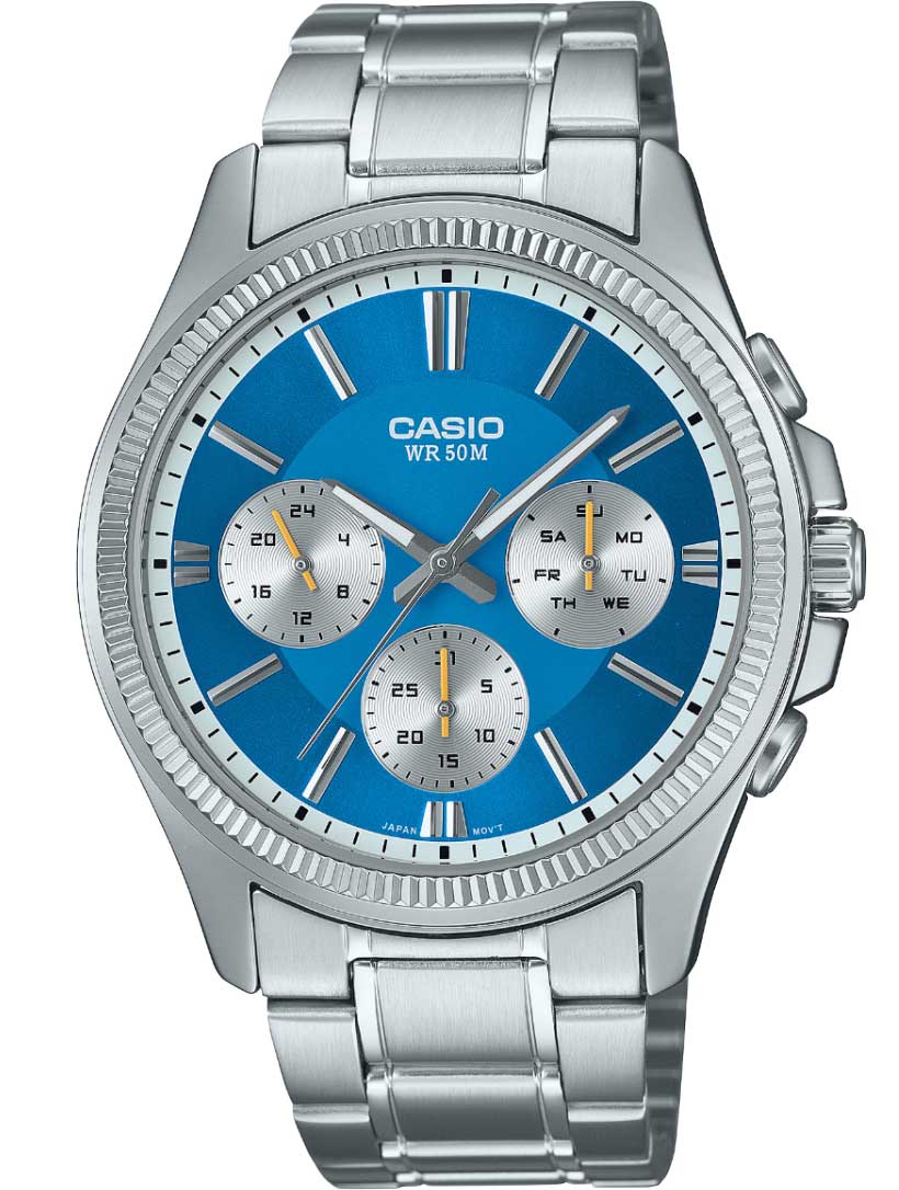 Casio | Blå urtavla multifunktionell analog herrklocka i stål | MTP-1375PD-2A2VEF - Quartz - Silver - Herrklocka - Rostfri stål - Härdat mineralglas