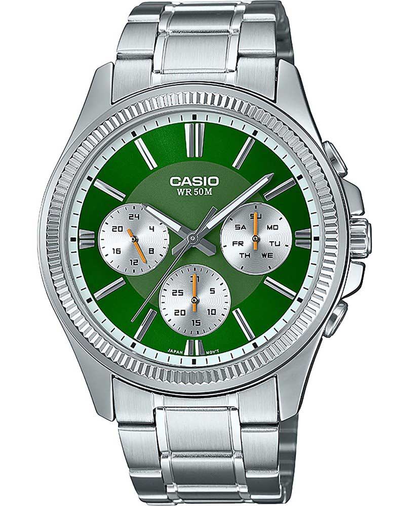 Casio | Grön urtavla herrklocka i rostfritt stål med tre sub-urtavlor | MTP-1375PD-3AVEF - Quartz - Silver - Herrklocka - Rostfri stål - Härdat 