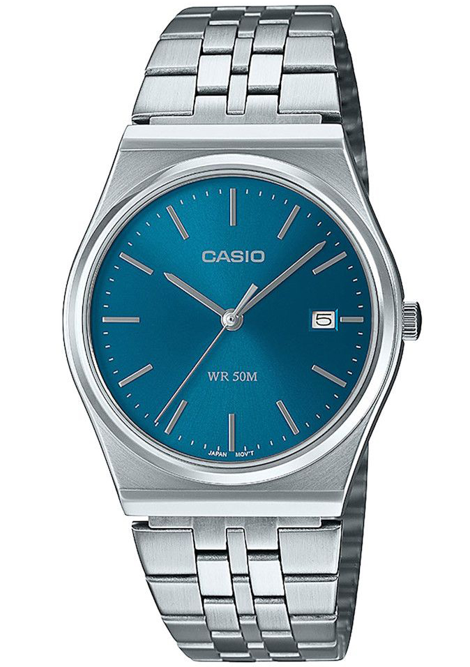 Retro tunn Casio med blå urtavla och stålarmband | MTP-B145D-2A2VEF - Quartz - Silver - Damklocka - Rostfri stål - Härdat mineralglas
