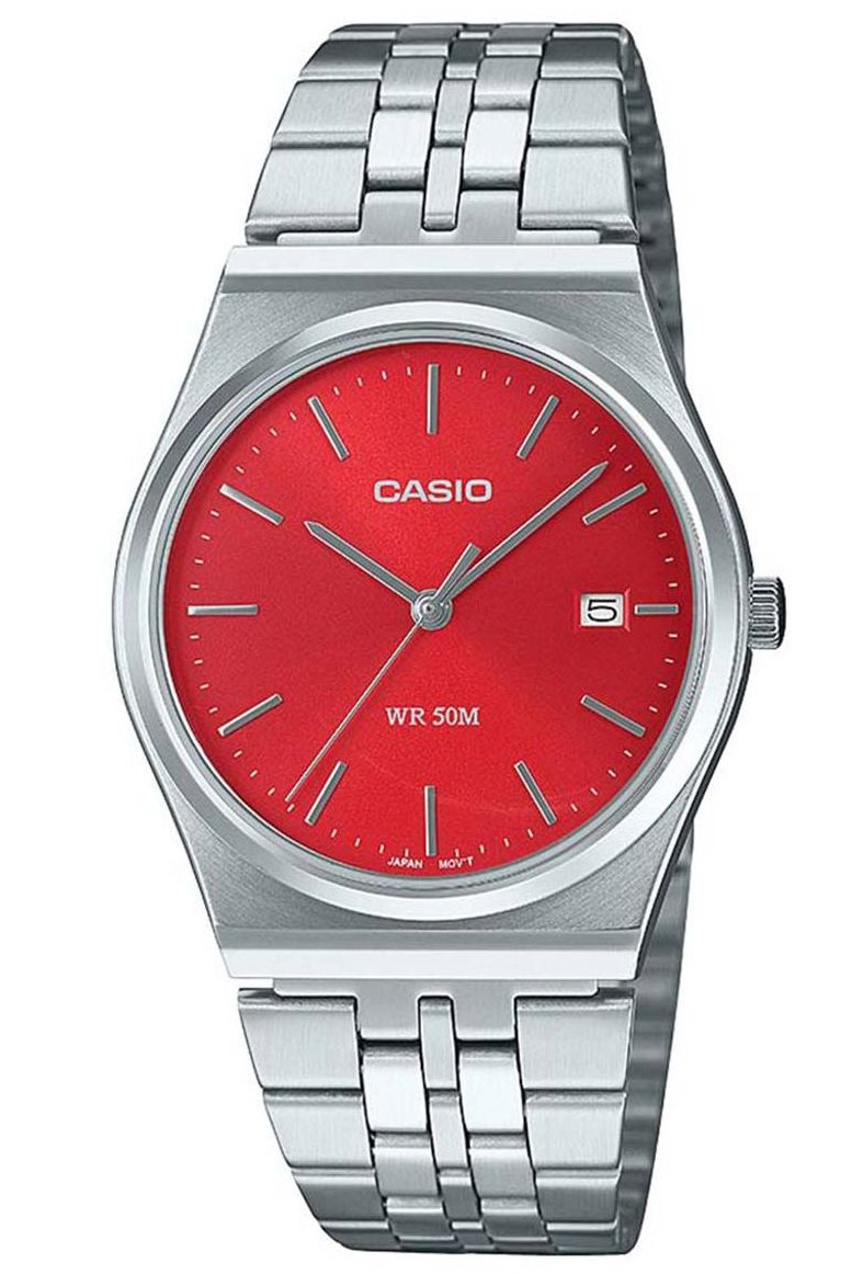 Röd ultra-tunn Casio med klassisk design och stålkonstruktion | MTP-B145D-4A2VEF - Quartz - Silver - Herrklocka - Rostfri stål - Akryl