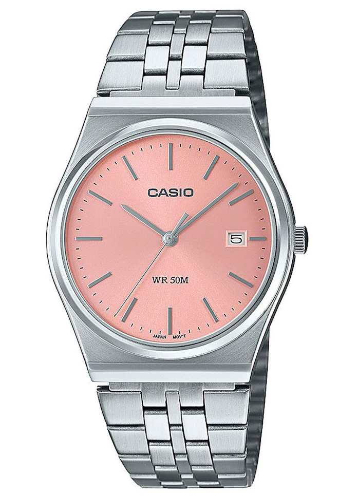 Casio | Retro röd slim klocka med metallisk sunray-urtavla | MTP-B145D-4AVEF - Quartz - Silver - Damklocka - Rostfri stål - Härdat mineralglas