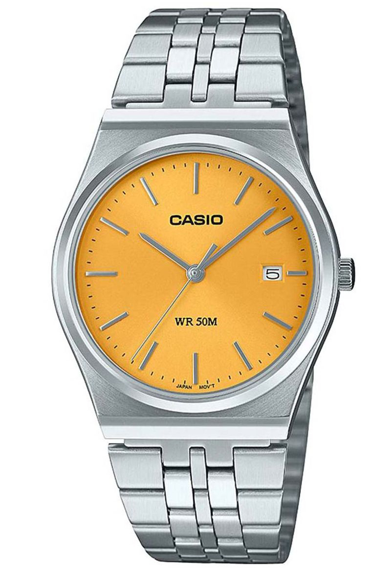 Retro gul Casio med minimalistisk datumvisning och vintage-stålarmband | MTP-B145D-9AVEF - Quartz - Silver - Unisex - Rostfri stål - Akryl