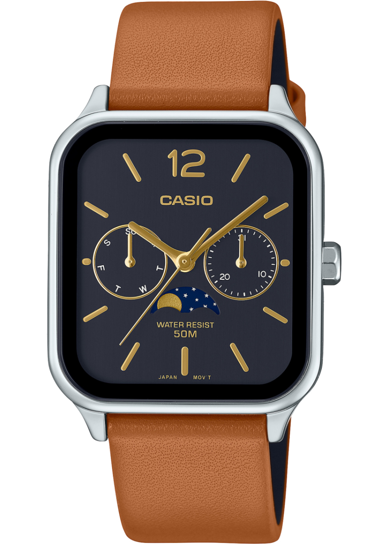 Casio Mens Moon Phase Rectangular 34mm - Quartz - Silver - Damklocka - Läder - Härdat mineralglas