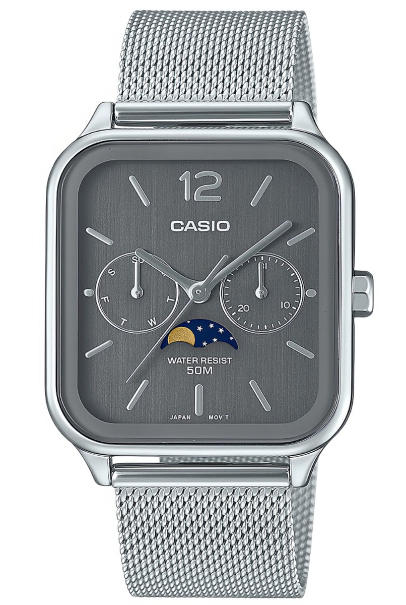 Casio | Månfas klocka med grå urtavla och meshband i klassisk design | MTP-M305M-8AVER - Quartz - Silver - Damklocka - Mesh - Härdat mineralglas