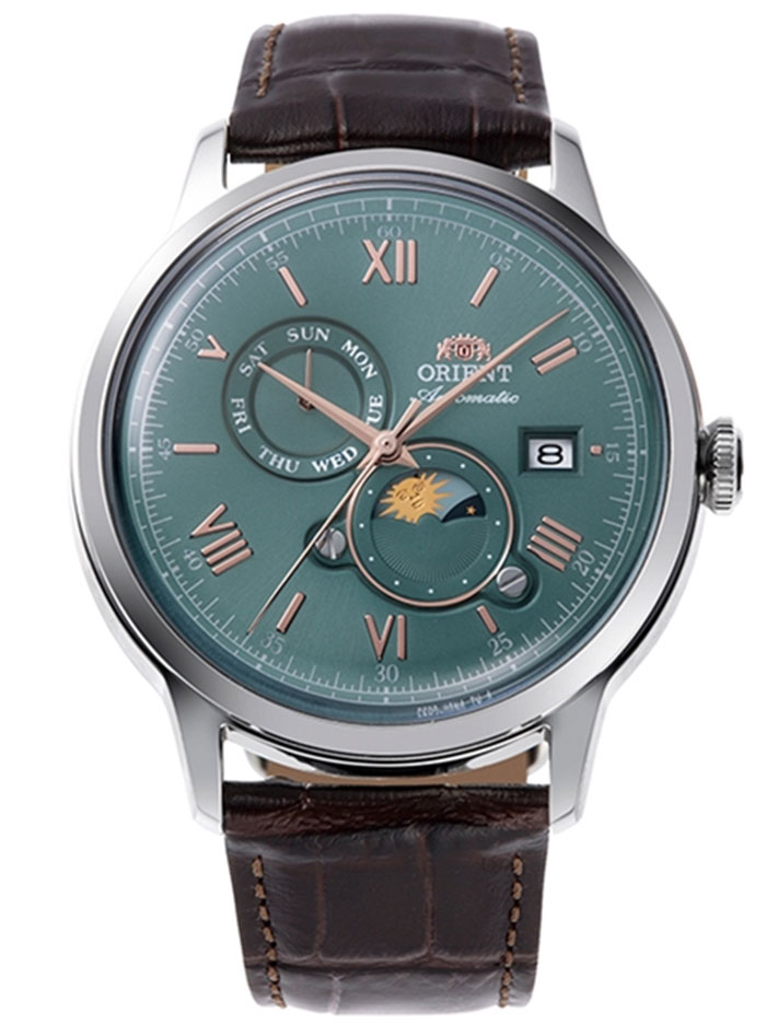 Orient Bambino Sun & Moon RA-AK0805E - Automatisk - Silver - Herrklocka - Läder - Härdat mineralglas