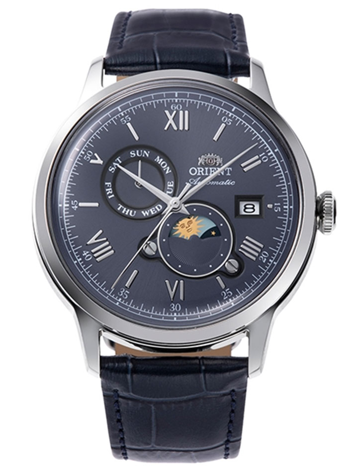 Orient Bambino Sun & Moon RA-AK0806L - Automatisk - Silver - Herrklocka - Läder - Härdat mineralglas