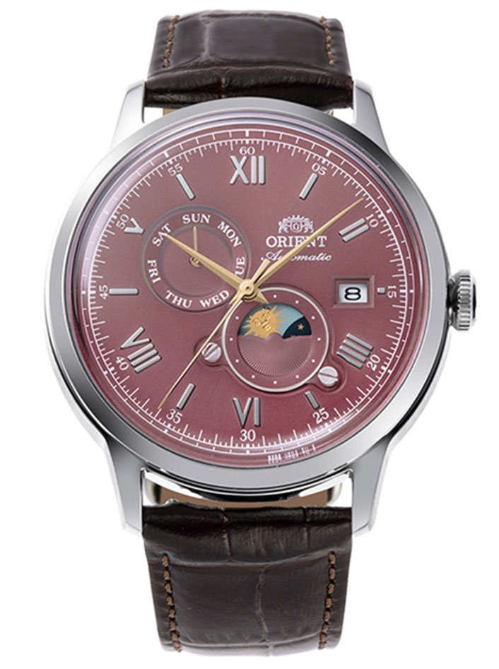 Orient Bambino Sun & Moon RA-AK0807R - Automatisk - Silver - Herrklocka - Läder - Härdat mineralglas