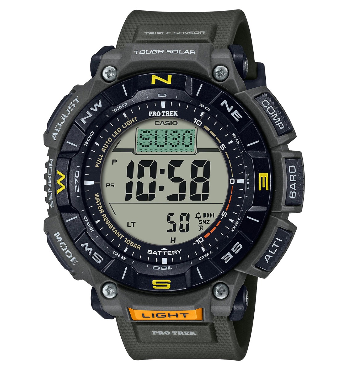 Casio | Miljövänlig solcellsdriven ABC-sensorklocka med utomhuskompass | PRG-340-3ER - Digitalt - Olivgrönt - Herrklocka - Hartsled - Härdat 