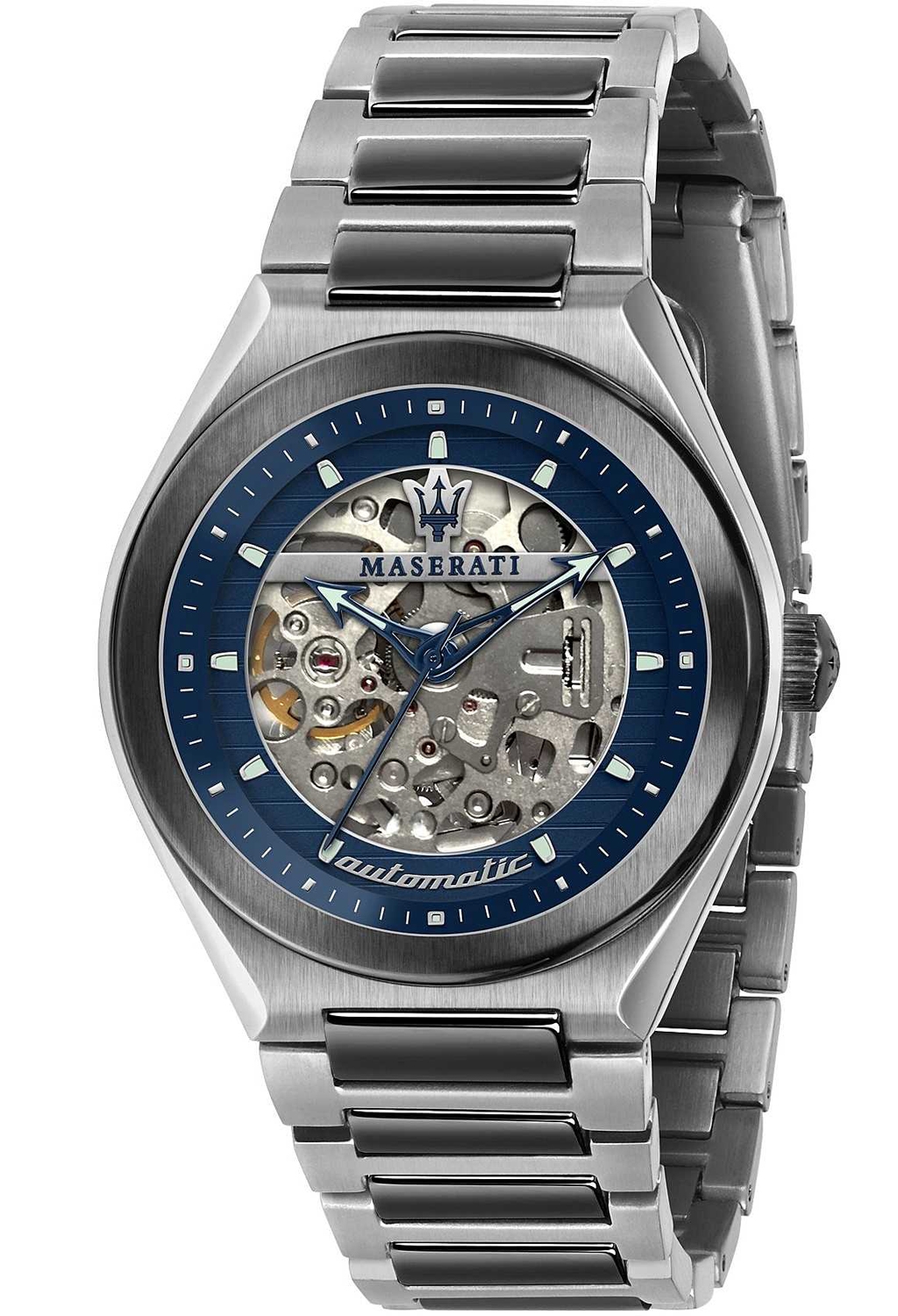 En stor del av urtavlan är genomskinlig - Maserati Triconic R8823139001 - Automatisk - Silver - Herrklocka - Rostfri stål - Härdat mineralglas