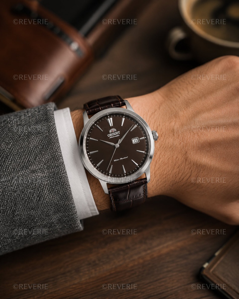 Orient automatisk klocka med brun urtavla och brunt läderarmband 41mm - Automatisk - Silver - Herrklocka - Läder - Härdat mineralglas