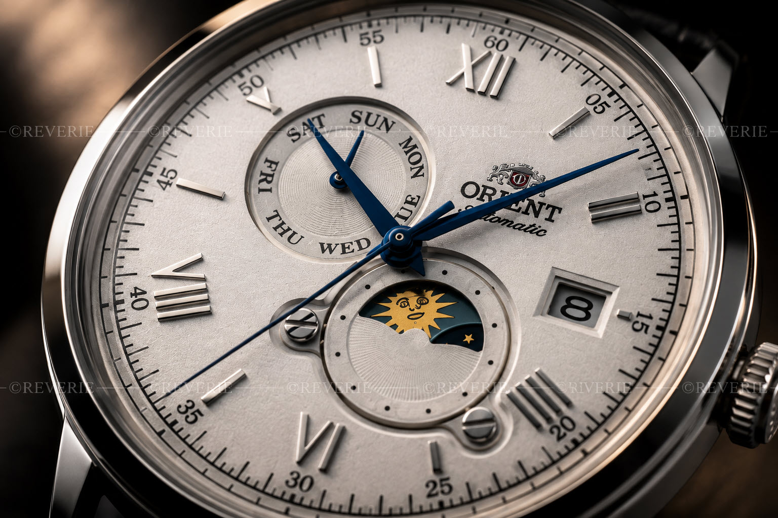 Orient automatisk herrklocka med månfas 41mm - Automatisk - Silver - Herrklocka - Läder - Härdat mineralglas