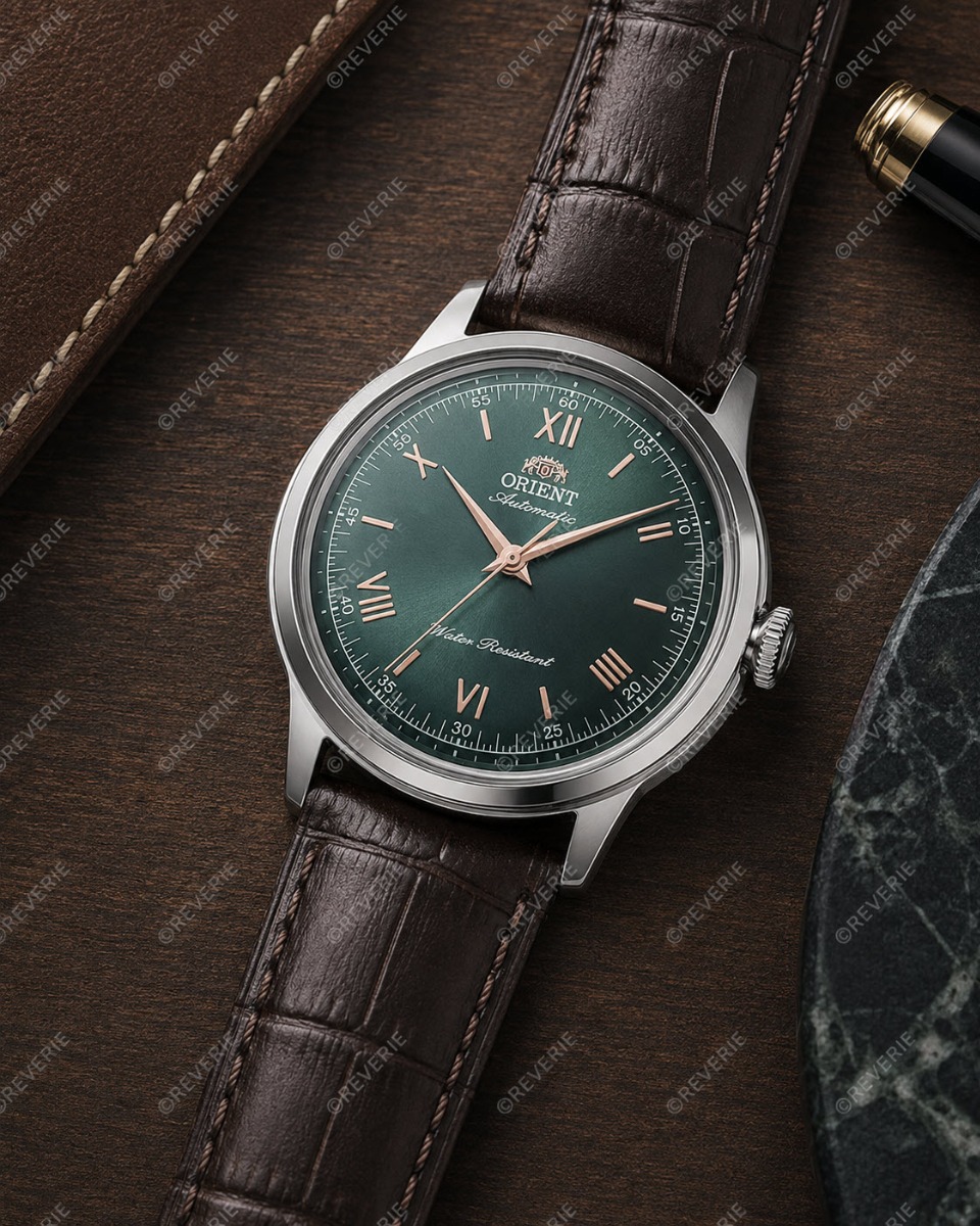 Orient automatisk klocka med grön urtavla och romerska siffror 38mm - Automatisk - Silver - Herrklocka - Läder - Härdat mineralglas