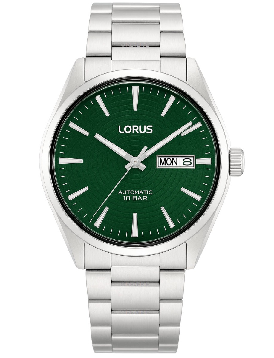 Lorus Mens 100m Automatic Day-Date Green Steel 42mm - Automatisk - Silver - Herrklocka - Rostfri stål - Härdat mineralglas