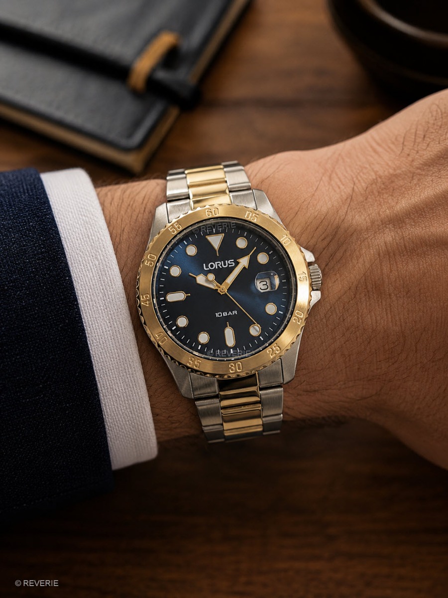 Lorus Mens Two-Tone Blue Steel 42mm - Quartz - Silver - Herrklocka - Rostfri stål - Härdat mineralglas