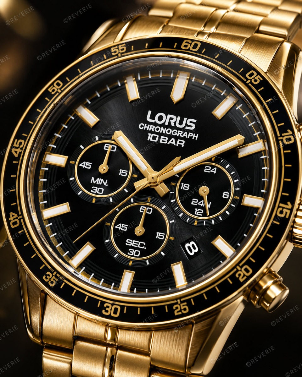 Lorus | Guldfärgad svart herrkronograf 43mm - Quartz - Guld - Herrklocka - Rostfri stål - Härdat mineralglas