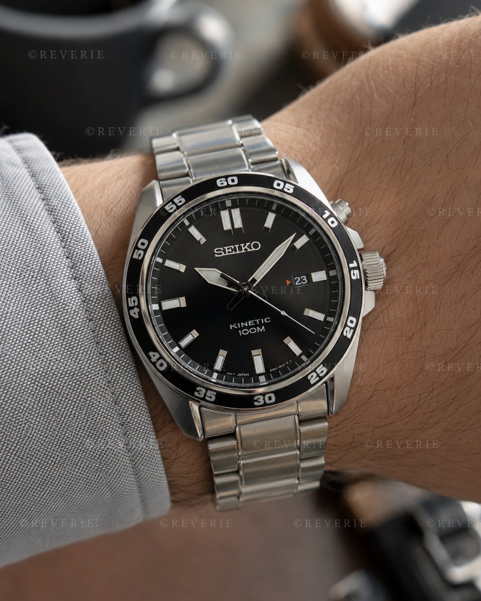 Seiko Mens Kinetic Black Steel 43mm - Automatisk - Silver - Herrklocka - Rostfri stål - Härdat mineralglas