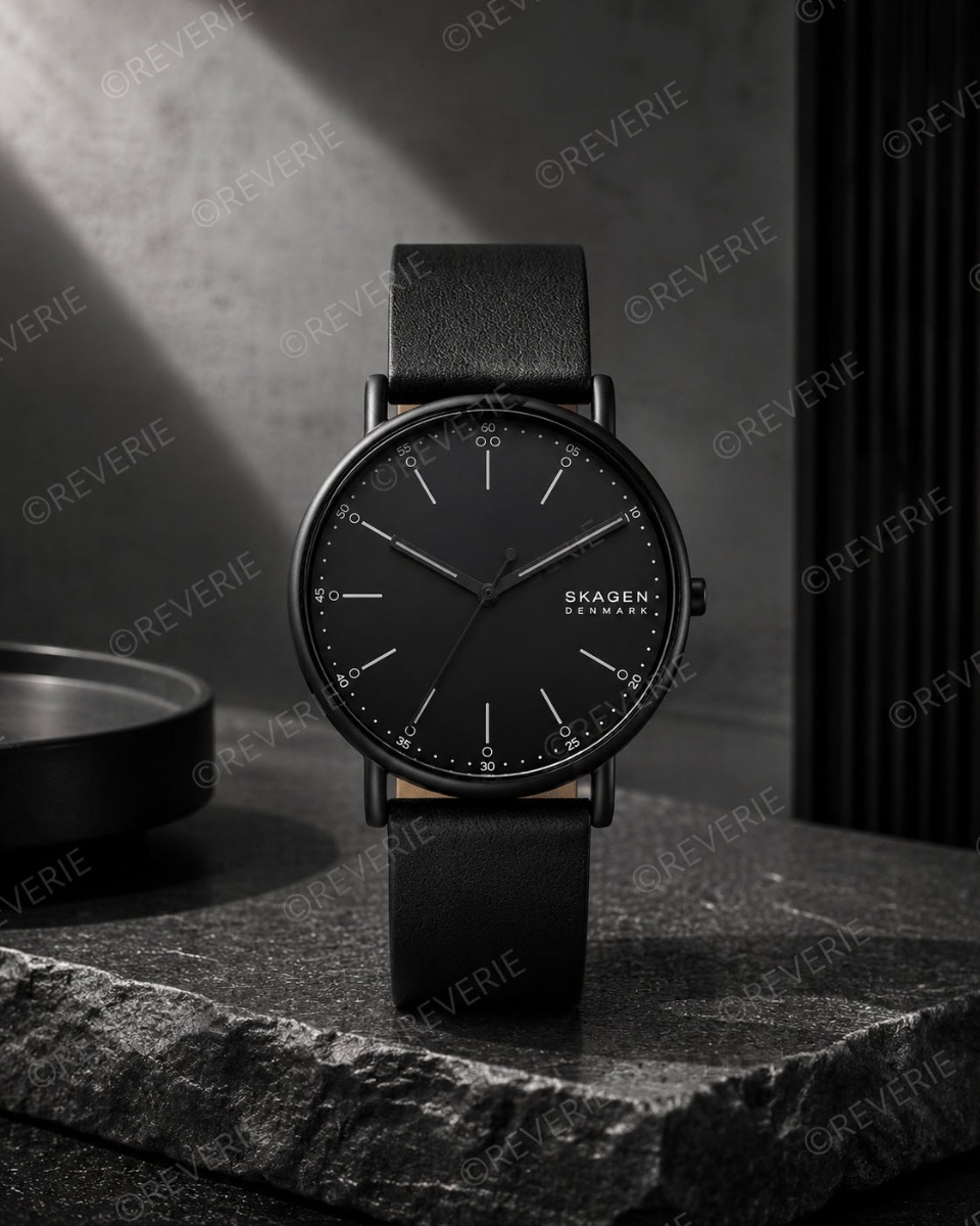 Skagen herrklocka i svart stål med svart läderrem 40mm - Quartz - Svart - Herrklocka - Läder - Härdat mineralglas