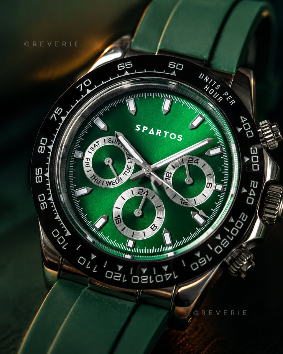 Spartos Green Sapphire Chronograph 40mm - Quartz - Silver - Herrklocka - Silikon - Safir